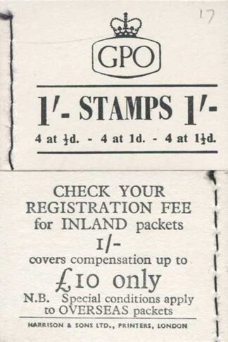 K3 1/- Booklet Wmk Crowns Back Cover 10 pound only. Overseas letter rate 6d