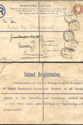 RP24 KEVII 3d Registered Envelope Size H no code letters USED