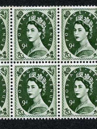 S128c 9d Bronze Green Crowns Wmk U/M Block 6 Violet Phosphor (eBay 1)
