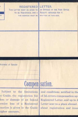 RP50 KGVI 4 1/2d Registered Envelope Size H2 Compensation on Back Value Deleted