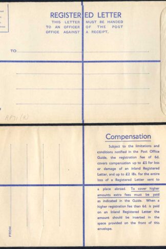 RP71 KGVI 8 1/2d Grey Registered Envelope Size K MINT