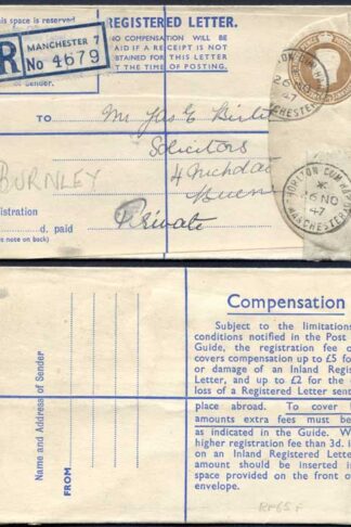 RP65 KGVI 5 1/2d Registered Envelope Size F THOMAS DE LA RUE Imprint RARE USED