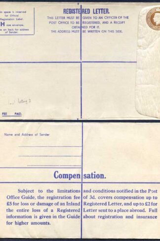 RP58 KGVI 5 1/2d Registered Envelope Size H Serif IMPRINT B E and W Mint