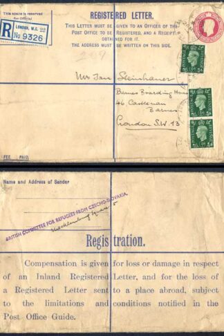 RP47 KGVI 4 1/2d Registered Envelope Size H Registration on Back Uprated RARE