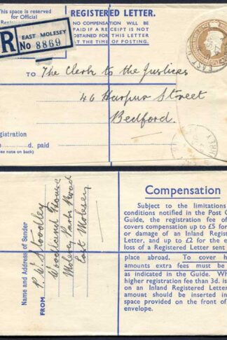 RP65 KGVI 5 1/2d Registered Envelope Size F THOMAS DE LA RUE Imprint RARE USED
