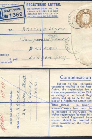 RP65 KGVI 5 1/2d Registered Envelope Size F THOMAS DE LA RUE Imprint RARE USED