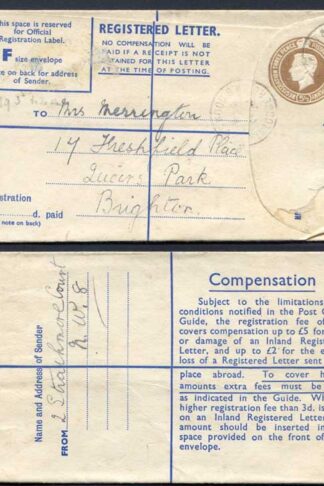RP65 KGVI 5 1/2d Registered Envelope Size F THOMAS DE LA RUE Imprint RARE USED