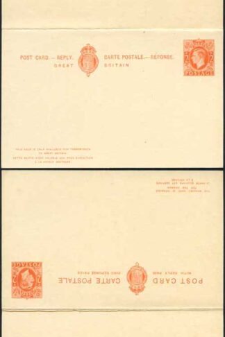 CP101a KGVI 2d Orange Foreign Reply Card on Cream card Mint