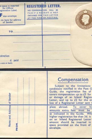 RP65 KGVI 5 1/2d Registered Envelope Size F THOMAS DE LA RUE Imprint RARE MINT