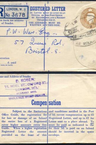 RP61 KGVI 5 1/2d Registered Envelope Size F THOMAS DE LA RUE Imprint RARE USED