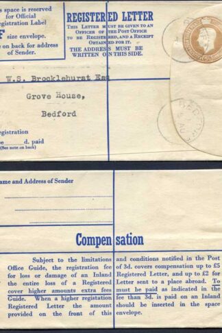 RP61 KGVI 5 1/2d Registered Envelope Size F THOMAS DE LA RUE Imprint RARE USED
