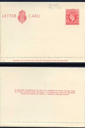 LCP17b KGVI 2 1/2d Carmine Letter Card Gummed on Back 3 line instruction