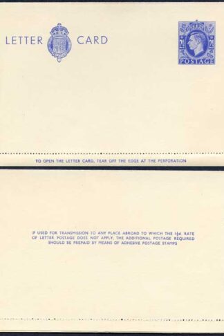 LCP15a KGVI 2 1/2d Blue Letter Card Gummed on Front Half 1 1/2d on Back