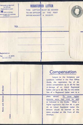 RP70 KGVI 8 1/2d Registered Envelope Size H fee of 4d on Back