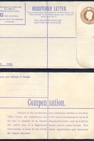 RP54 KGVI 5 1/2d Registered Envelope Size G FEE PAID on Front Mint