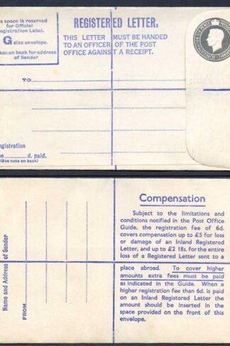 RP72 KGVI 8 1/2d Registered Envelope Size G fee of 6d on Back Big Letters