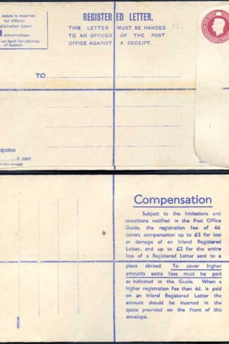 RP68 KGVI 6 1/2d Registered Envelope Size H 2 pound on Back Mint