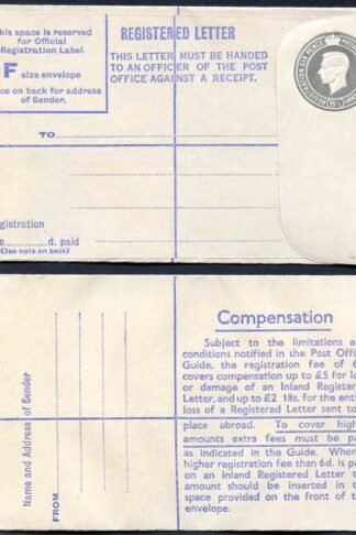 RP72 KGVI 8 1/2d Registered Envelope Size F fee of 6d on Back Big Letters
