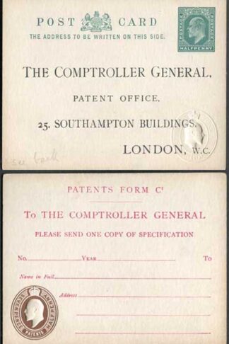 CO8 KEVII Patent Office Card with 1/2d on Front and 7 1/2d on Reverse