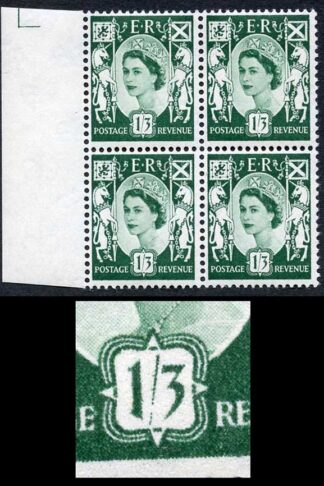 Scotland XS23a 1/3 Green Crowns Wmk Whiter Paper Block 4 Broken Oblique in Value