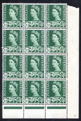 Wales XW15 1/3 Green Crowns Wmk Cream Paper Block 12