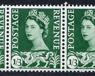 Wales XW15 1/3 Green Crowns Wmk Whiter Paper U/M Strip 4