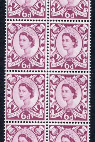 Scotland XS16b 6d Purple Crowns Wmk Cream Paper Block 14 with Curled Leaf Flaw