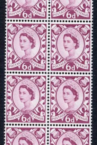 Scotland XS16b 6d Purple Crowns Wmk Cream Paper Block 14 with Curled Leaf Flaw
