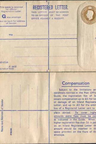 RP66 KGVI 5 1/2 Brown Registered Envelope Size G Mint