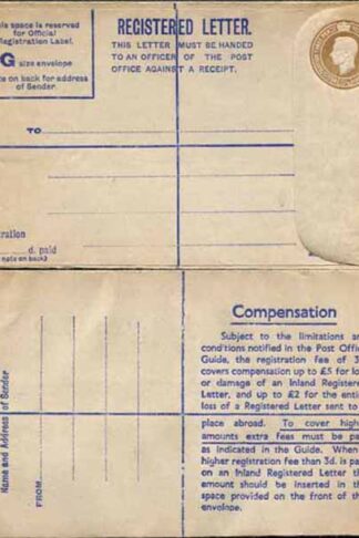 RP66 KGVI 5 1/2 Brown Registered Envelope Size G Mint