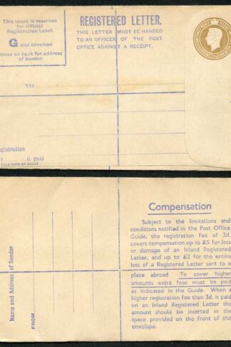 RP66 KGVI 5 1/2 Brown Registered Envelope Size G Mint