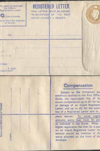 RP66 KGVI 5 1/2 Brown Registered Envelope Size G Mint