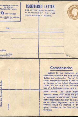 RP66 KGVI 5 1/2 Brown Registered Envelope Size G Mint