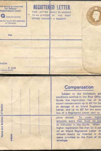 RP66 KGVI 5 1/2 Brown Registered Envelope Size G Mint