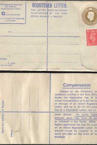 RP66 KGVI 5 1/2 Brown Registered Envelope Size G Mint