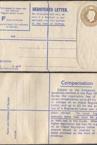 RP63 KGVI 5 1/2d Brown Post Office Issue Registered Envelope Size F Mint