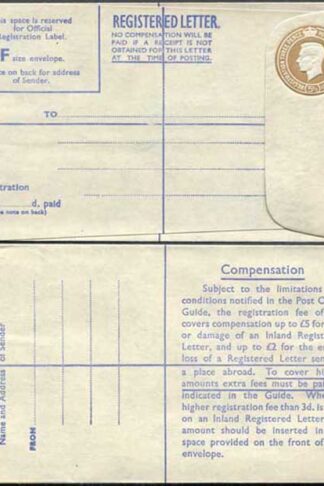 RP64 KGVI 5 1/2d Registered Envelope Size F Blue Lining Imprint P A and Co Ltd