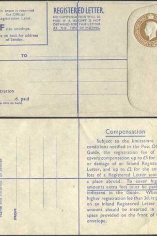 RP64 KGVI 5 1/2d Registered Envelope Size F Blue Lining Imprint P A and Co Ltd