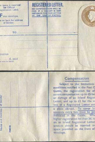 RP64 KGVI 5 1/2d Registered Envelope Size F Blue Lining Imprint P A and Co Ltd