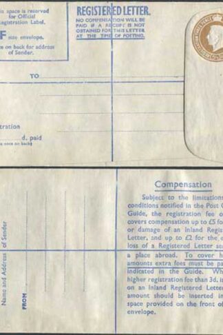 RP64 KGVI 5 1/2d Registered Envelope Size F Blue Lining Imprint P A and Co Ltd