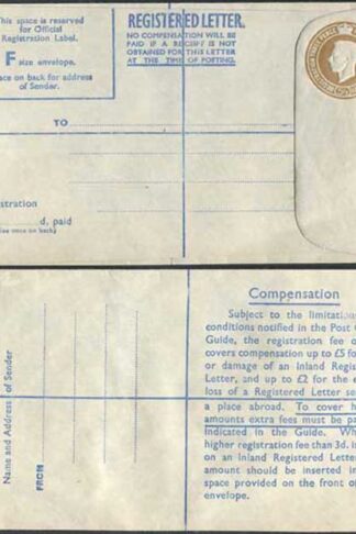 RP64 KGVI 5 1/2d Registered Envelope Size F Blue Lining Imprint P A and Co Ltd