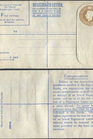 RP64 KGVI 5 1/2d Registered Envelope Size F Blue Lining Imprint P A and Co Ltd