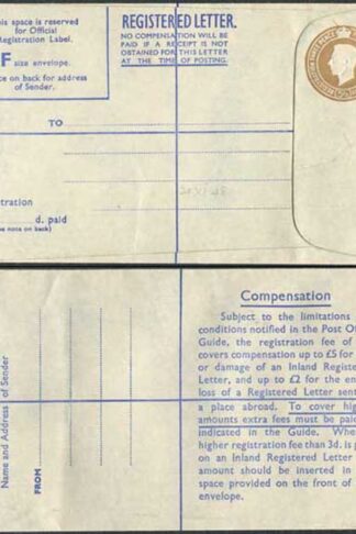 RP64 KGVI 5 1/2d Registered Envelope Size F Blue Lining Imprint P A and Co Ltd