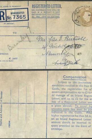 RP64 KGVI 5 1/2d Registered Envelope Size F Blue Lining Used