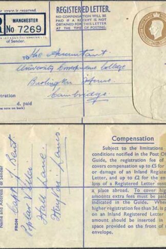 RP64 KGVI 5 1/2d Registered Envelope Size F Blue Lining Used