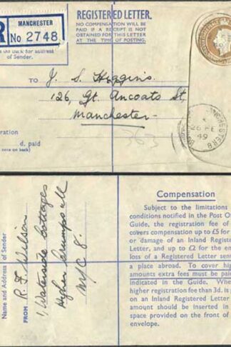 RP64 KGVI 5 1/2d Registered Envelope Size F Blue Lining Used
