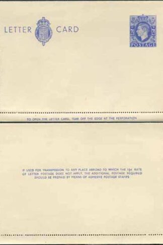 LCP15a KGVI 2 1/2d Blue Letter Card 1 1/2d on reverse Gummed on Front Mint