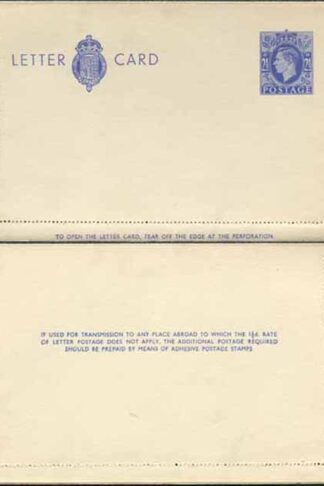 LCP15a KGVI 2 1/2d Blue Letter Card 1 1/2d on reverse Gummed on Front Mint