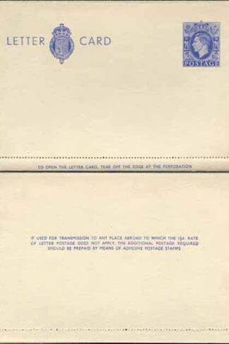 LCP15a KGVI 2 1/2d Blue Letter Card 1 1/2d on reverse Gummed on Front Mint
