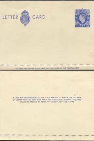 LCP15a KGVI 2 1/2d Blue Letter Card 1 1/2d on reverse Gummed on Front Mint